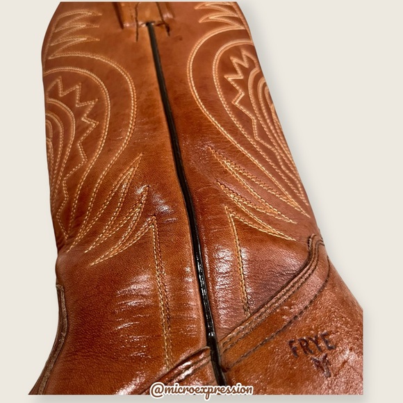 1980s VINTAGE Frye Aztec Geometric Leather Brown Cognac Embroidered Cowboy Boot - Picture 12 of 15